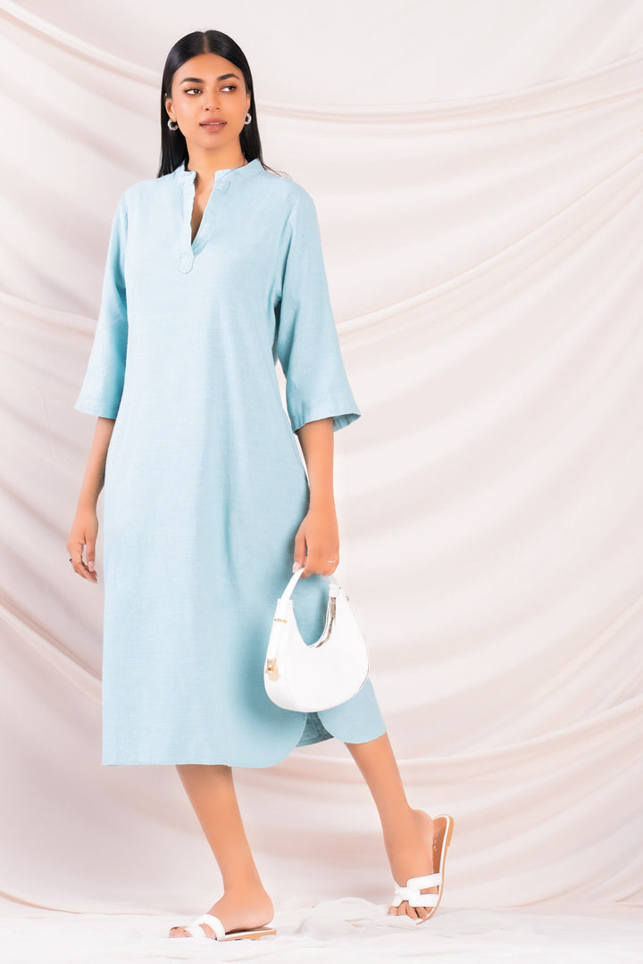 Blue Mandarin Collar Midi Dress