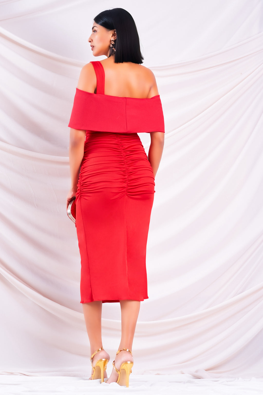 Red Ruched Midi Dress