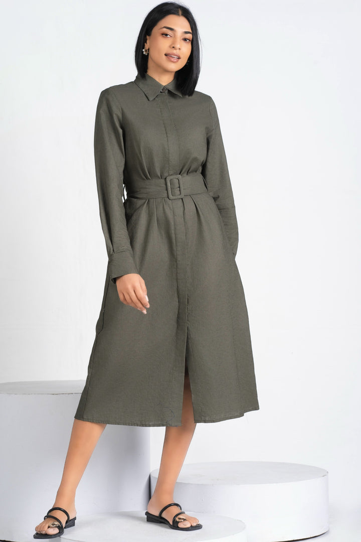 Belted Long Sleeve Shirt Dress