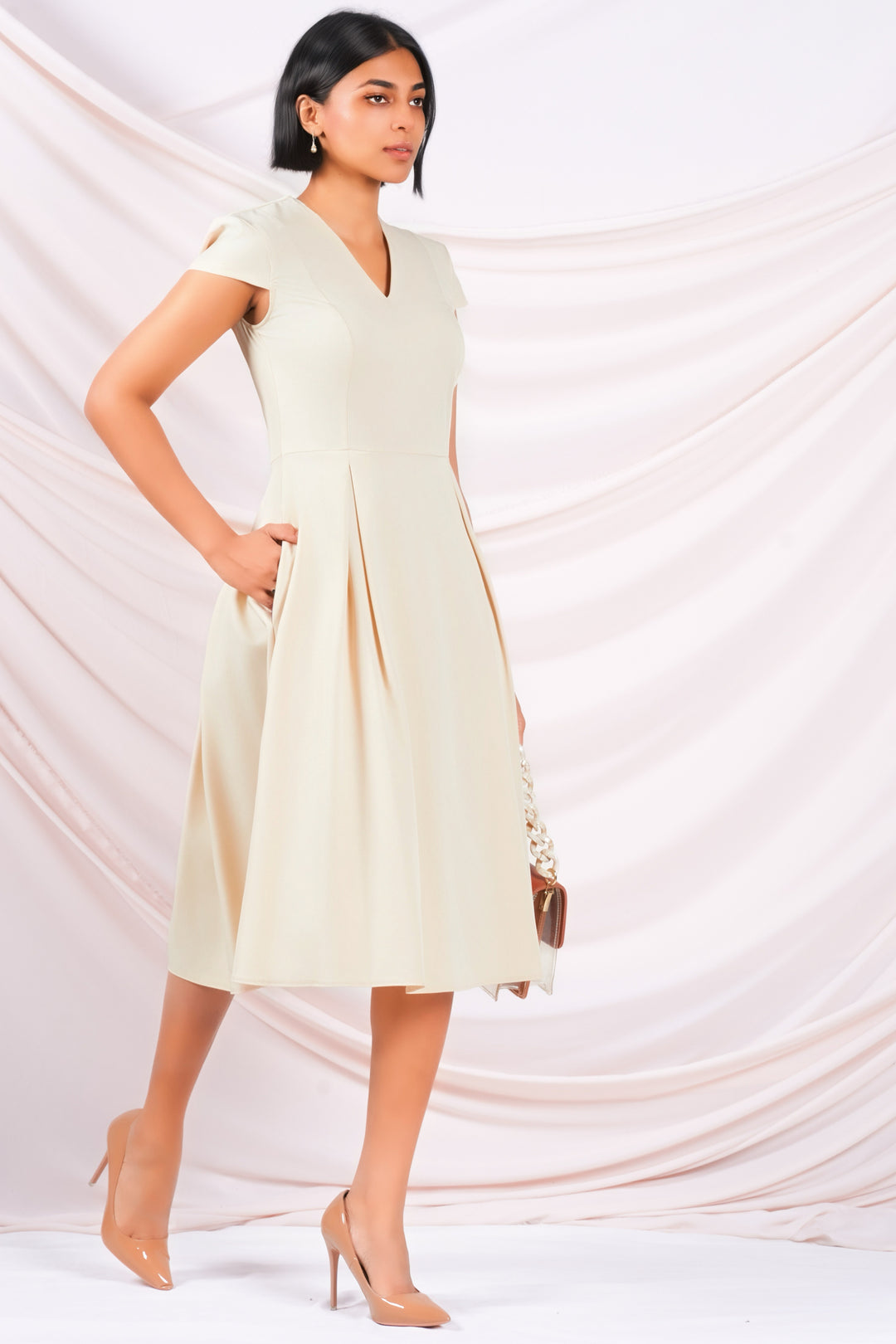 Beige Cap Sleeve Midi Dress