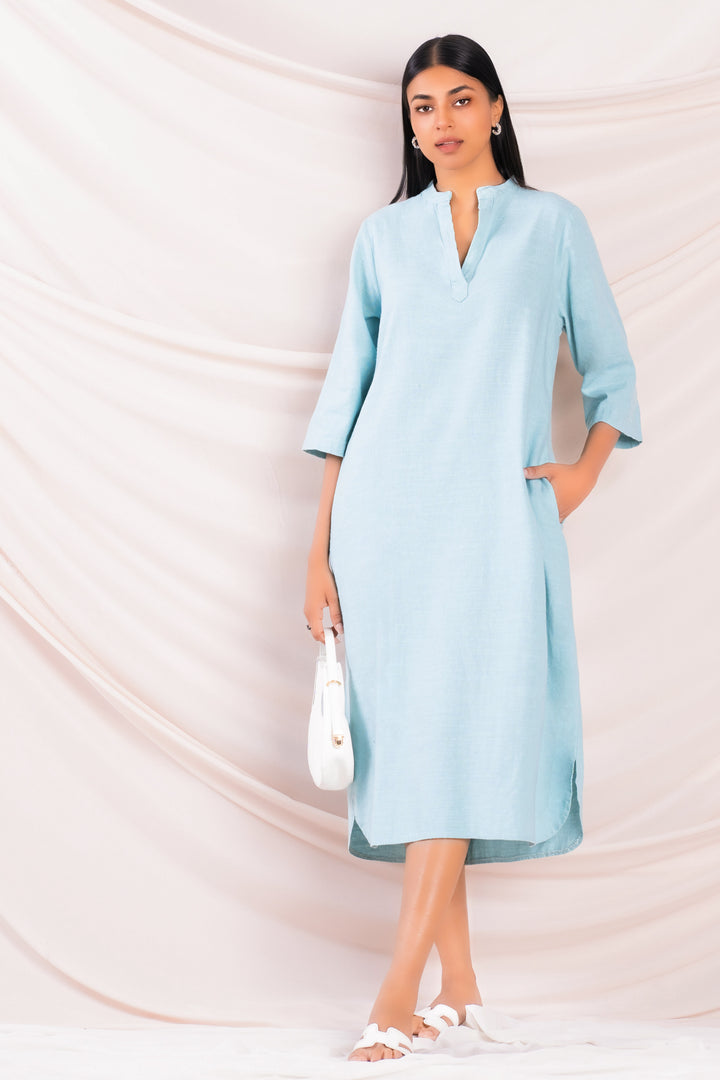 Blue Mandarin Collar Midi Dress