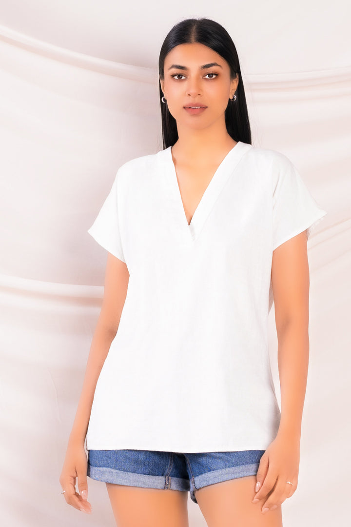 White V Neck Linen Top