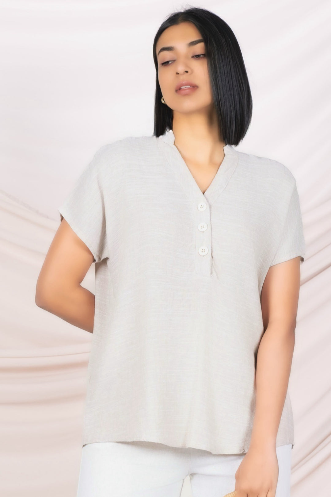 Beige V Neck Linen Top