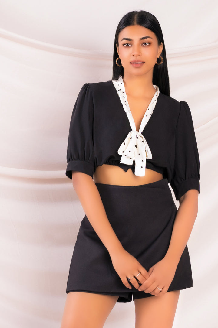 Black Contrast Tie Detail Crop Top