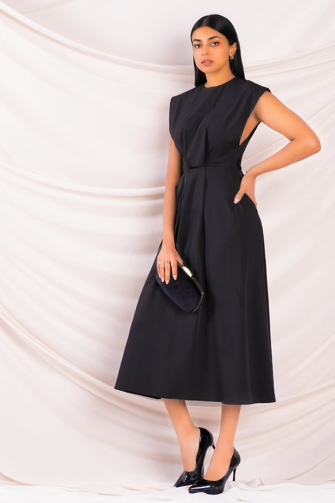 Black Waist Detail Midi Dress