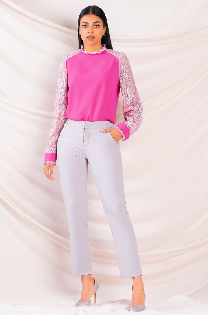 Pink Top with Grey Lace Detailing