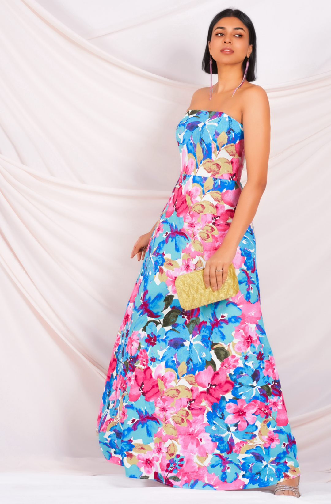 Strapless Blue Printed Maxi Dress