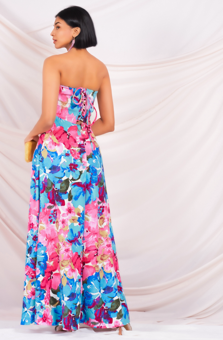 Strapless Blue Printed Maxi Dress